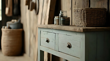 Rustic Wooden Table With Drawers And Woven Basket Against Textured Wooden Wall With Jars