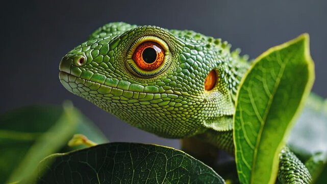 A close up shot of the lizard's face, its focused eyes and mouth open as it rests on leaves