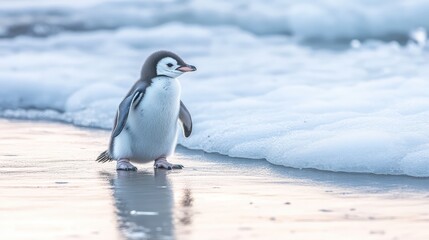 A baby penguin waddling along an icy shoreline, with soft snow and ice around it, creating space for text.