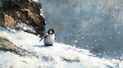 Fototapeta premium A baby penguin waddling on an icy shore, surrounded by soft snow with plenty of space for copy in the background.
