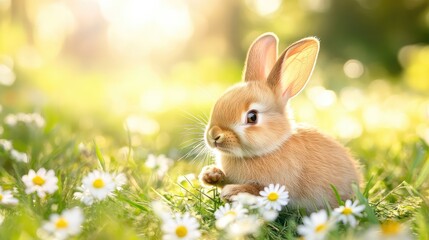Obraz premium A baby rabbit hopping through tall grass, surrounded by daisies and soft sunlight, with plenty of room for text.