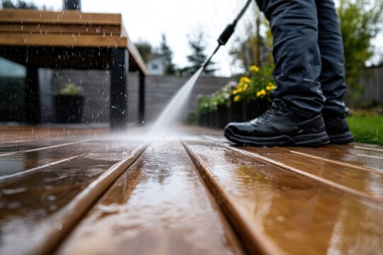 A person using a pressure washer to clean a wooden deck, illustrating the importance of maintaining outdoor spaces and the satisfaction that comes from hard work and cleanliness.
