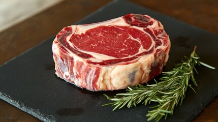 Obraz premium A thick-cut ribeye resting on a dark slate plate, garnished with fresh rosemary.