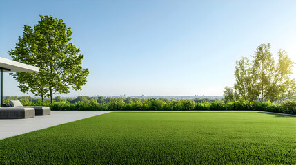 Modern Rooftop Patio With Lush Green Grass And City View