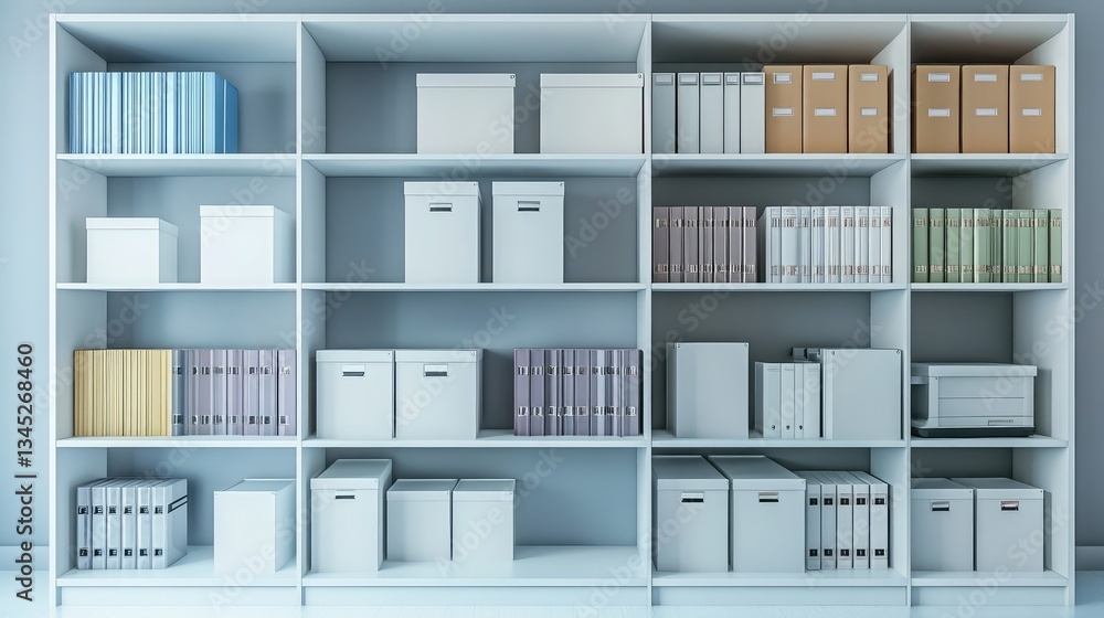 Aufkleber a clean, simple storage cabinet with open shelves and neat rows of storage boxes, perfect for organi