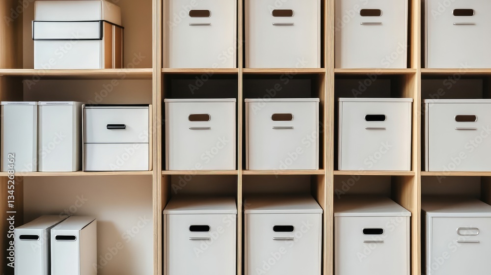 Poster a clean, simple storage cabinet with open shelves and neat rows of storage boxes, perfect for organi
