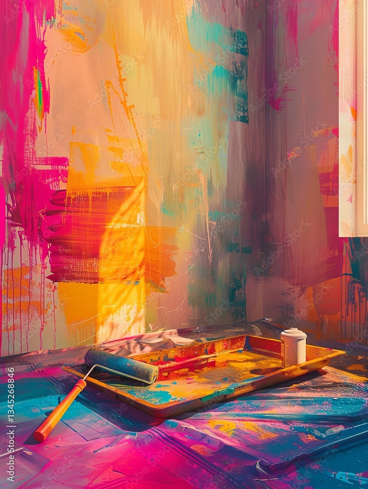 Poster transforming a room with vibrant colors and paint tools during a weekend renovation project generati