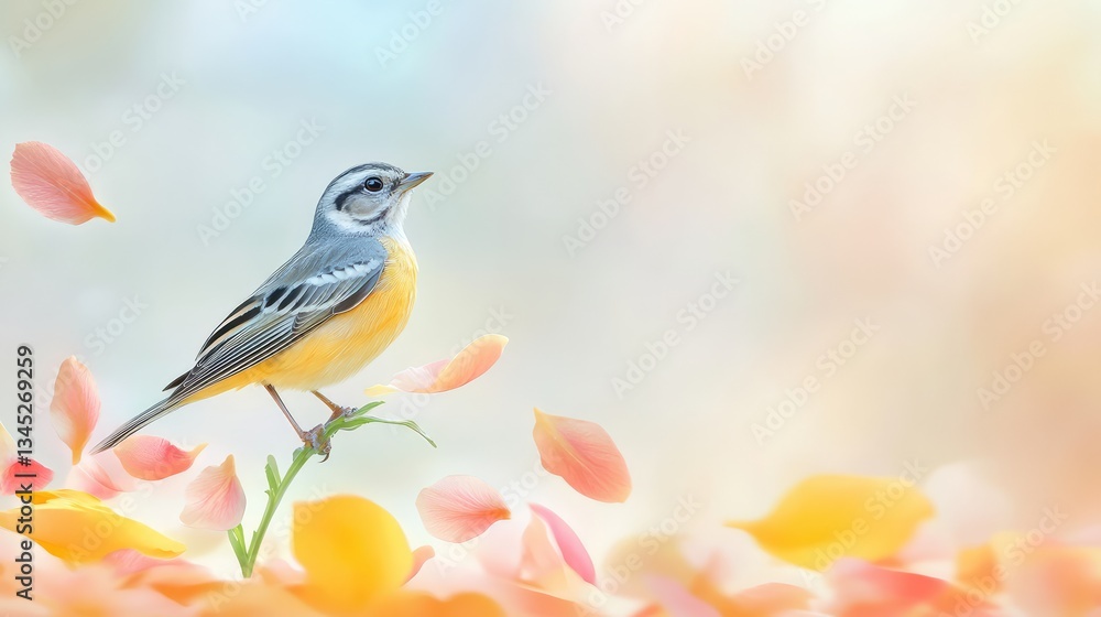 Poster a tiny bird perched on a flower stem, surrounded by colorful petals, with space for text in the soft