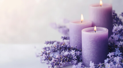 Calm Ambiance: Three lit lavender candles with a floral embrace, creating a serene and relaxing atmosphere. Capturing the gentle dance of candlelight and the soothing essence of lavender.