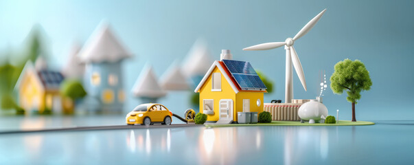 miniature model of sustainable neighborhood features yellow house with solar panels and wind turbine, symbolizing renewable energy. car is parked nearby, enhancing eco friendly theme