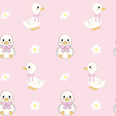Seamless cute white duck pattern with pink bows and daisies, Coquette Girly on pastel pink background