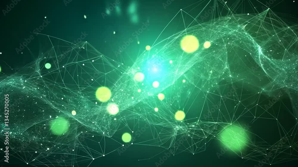 Poster abstract teal network background with glowing particles and bokeh.