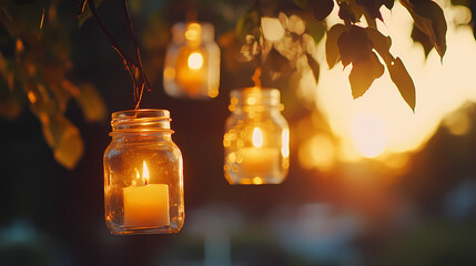Golden Glow of Lanterns: Captured in the enchanting twilight, this image presents the warm, inviting ambiance created by mason jar lanterns, their candle flames casting a soft.