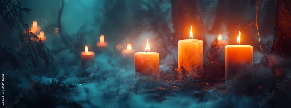Poster candlelit sanctuary: a serene and atmospheric image capturing the soft glow of several candles, cast