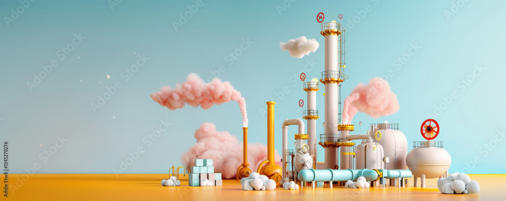 Aufkleber stylized illustration of natural gas refinery with tall processing units and pipelines, set against vibrant sky. scene includes clouds and industrial elements, creating surreal atmosphere