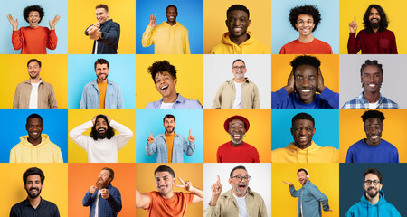 A vibrant collage showcases a diverse group of people expressing joy and positivity. Each person is smiling or laughing against colorful backgrounds, reflecting a cheerful lifestyle.