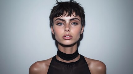 Obraz premium Young woman with short, dark hair in a black halter top looking directly at the camera
