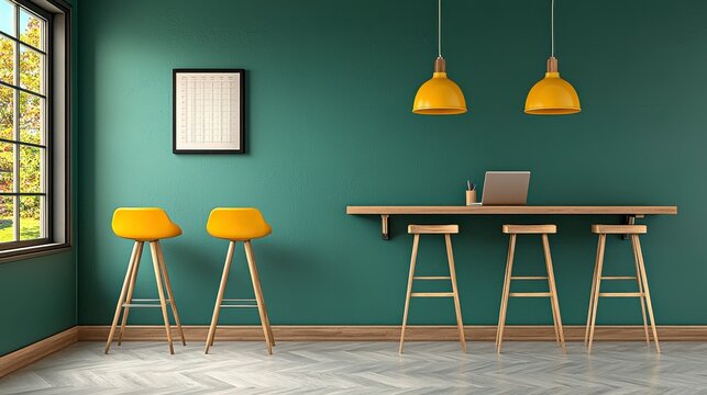 Contemporary Home Bar Area with Yellow Stools and Green Wall in Bright Natural Light