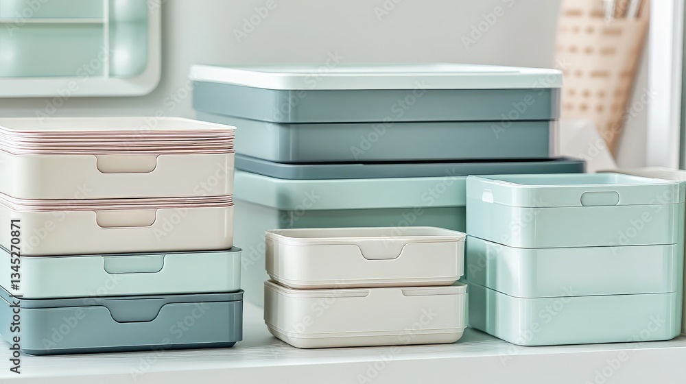 Aufkleber stackable document trays in a neat office setting, soft color palette, spacious composition.