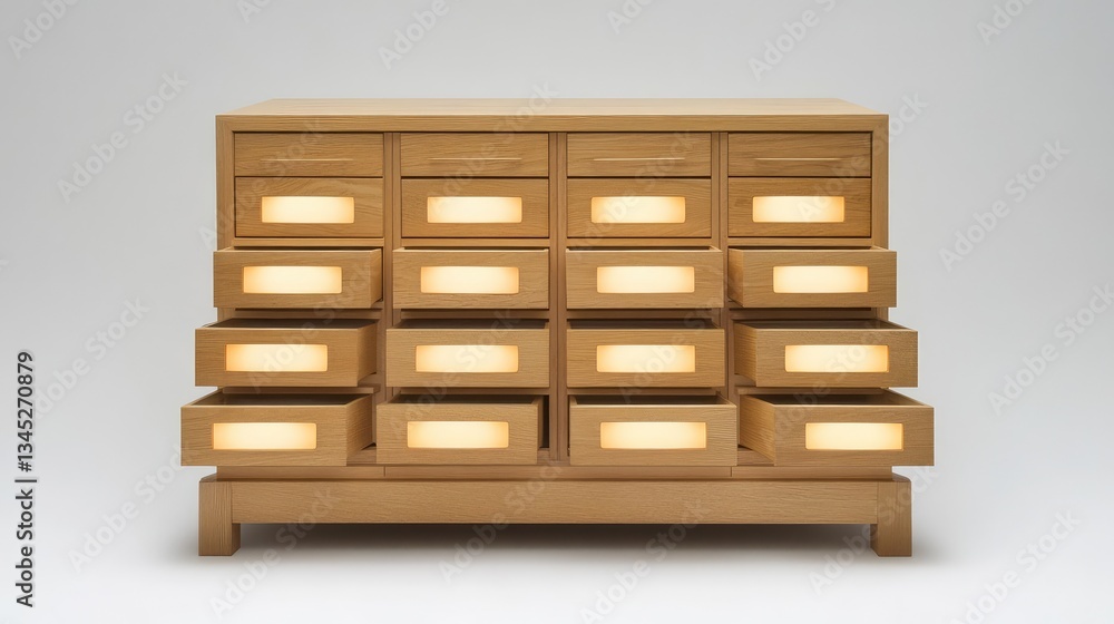 Aufkleber storage cabinet with a light wood finish and multiple drawers, clean design with soft lighting enhan