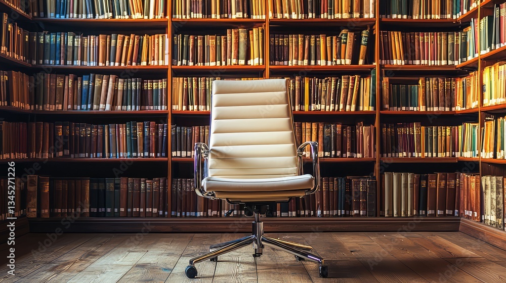 Poster stylish office chair in front of a large bookshelf, elegant lighting, professional setting with spac