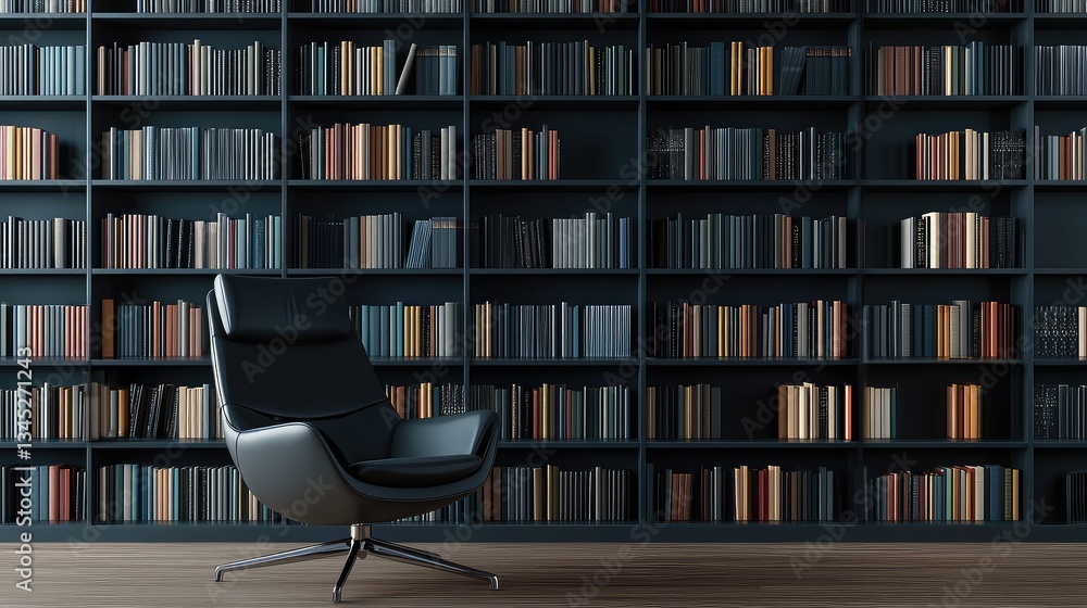 Poster stylish office chair in front of a large bookshelf, elegant lighting, professional setting with spac