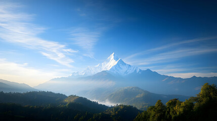Snowy Mountain Peak With Misty Valley Sunrise