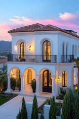 Stunning two-story Mediterranean-style home at twilight