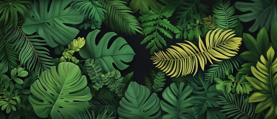 Fototapeta premium Lush tropical leaves in vibrant greens create a rich jungle vibe.
