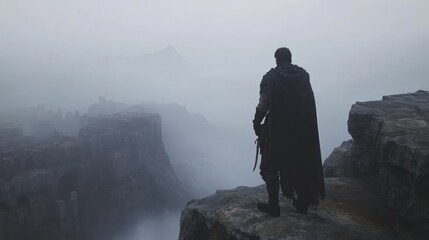 A solitary figure stands against a misty precipice of an ancient world