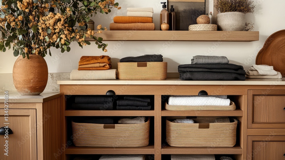 Poster wooden storage cabinet with open shelving and drawers, neat organization of storage boxes, creating 