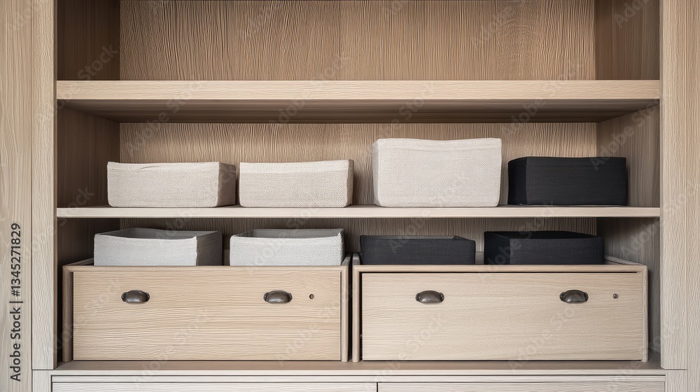 Poster wooden storage cabinet with open shelving and drawers, neat organization of storage boxes, creating 