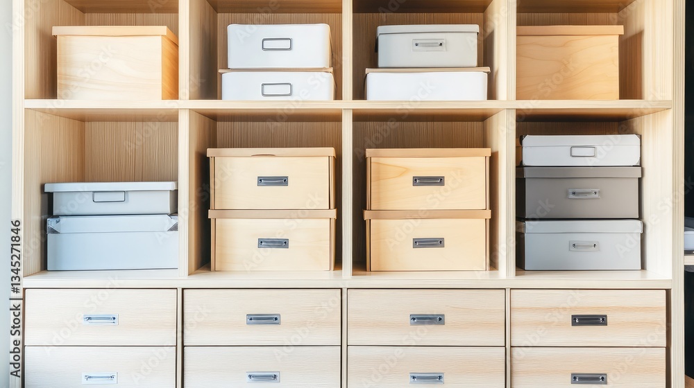 Poster wooden storage cabinet with open shelving and drawers, neat organization of storage boxes, creating 