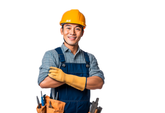 A happy construction worker in full equipment isolated on transparent background
