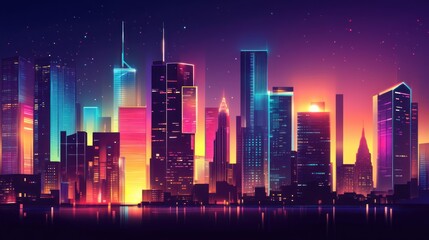 Vibrant Cyberpunk Cityscape with Neon Lights Reflecting on Water