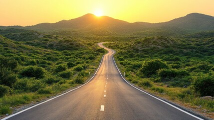 Winding road leading to sunrise over hills