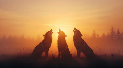 Silhouette Of Wolves Howling At Sunrise Or Sunset In Misty Meadow