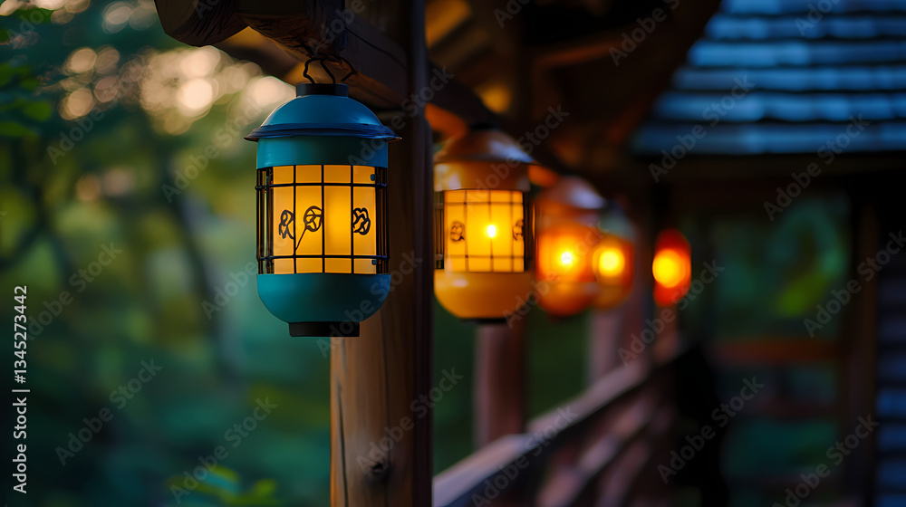 Poster enchanting lanterns on a porch: a string of colorful lanterns casts a warm, inviting glow on a rusti