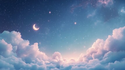 Dreamy skies with soft clouds, crescent moon and gentle starlight shine