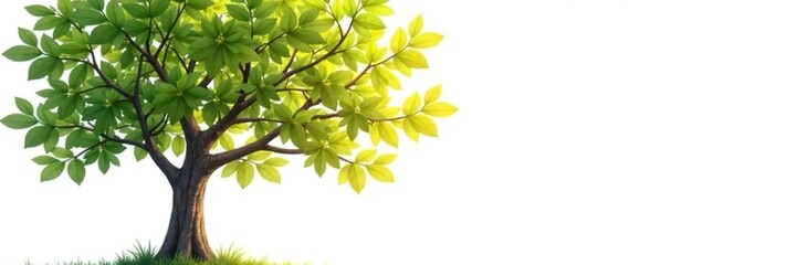 Fototapeta premium Isolated tree on white background with sunlight filtering through leaves, calmness, branches, foliage