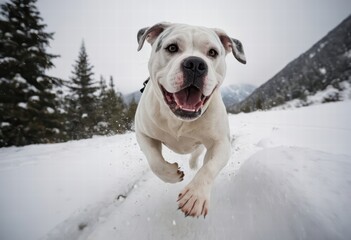 american bulldog running in the snow, on a beautiful winter day, happy dog playing on a snowy meadown in the mountains, with fog and misty weather, doggy in the nature