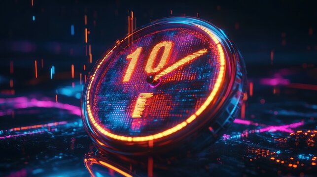 Futuristic countdown timer with glowing neon display in technological background