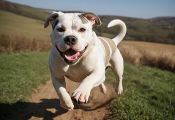 american bulldog running in the countryside, on a beautiful sunny day, happy dog playing on the green grass of a meadown in the park, doggy in the nature