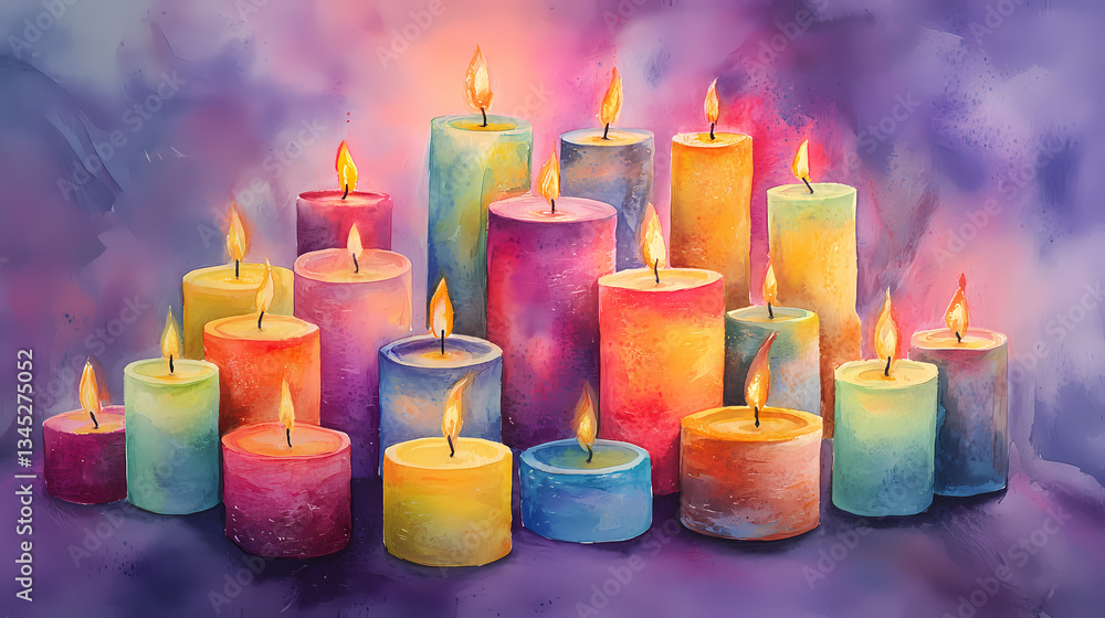 Poster glowing candles in a spectrum of colors: a vibrant collection of lit candles in an array of rainbow 