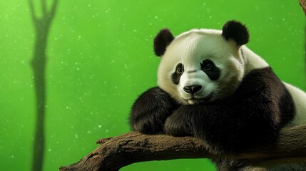 Peaceful panda resting on a tree branch with a tranquil, green backdrop