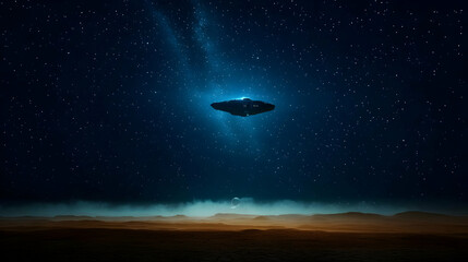 Silhouette Spaceship Flying Over Mysterious Landscape Under A Starry Night Sky with Blue Glow and Atmospheric Effects