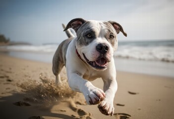 american bulldog running happy on the sand of a beach, in a beautiful hot summer day, happy dog playing with water of the ocean on the coast, doggy in the nature