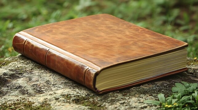 Leather-bound Book on Rock, Outdoor Scene