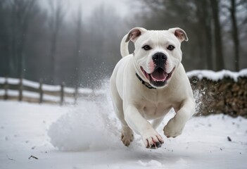 Obraz premium american bulldog running in the snow, on a beautiful winter day, happy dog playing on a snowy meadown in the mountains, with fog and misty weather, doggy in the nature