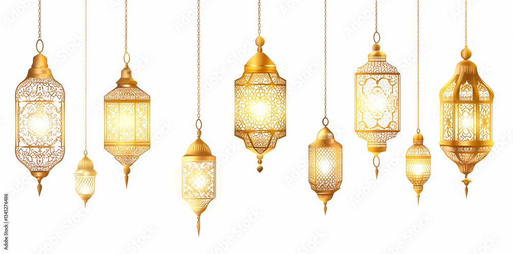Poster golden lanterns display: an array of intricately designed golden lanterns, emitting a warm, inviting